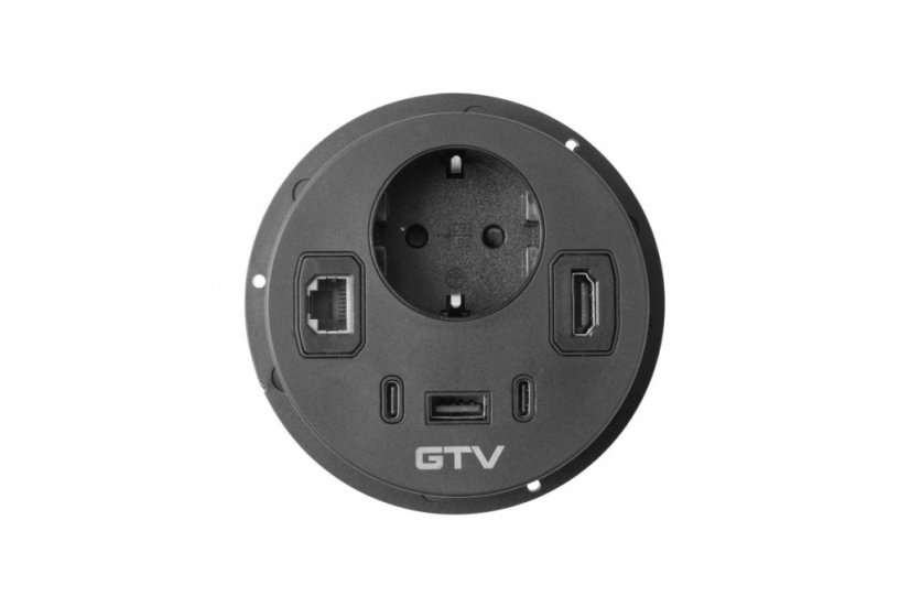 Vestavná zásuvka Rondo, 1x 230V (schuko), 1x USB-A + 2x USB-C nabíječka, 1x RJ45, 1x HDMI, kabel 1.5m, barva černá