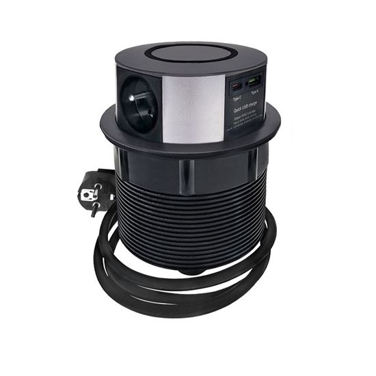 Výsuvný blok zásuvek, 3x zásuvka 230V, USB rychlonabíjení A+C 20W Power Delivery, bezdrátová nabíječka 10W Qi, kabel 2m, barva černá