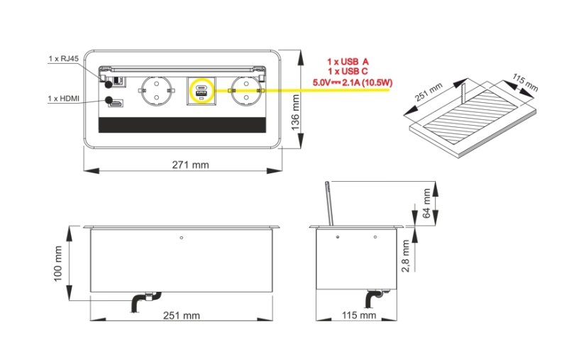 Zásuvkový blok 2x 230V, 2x USB nabíjecí (Typ -A, Typ-C), 1x HDMI, 1x RJ45, kabel 3m, hliník, barva černá