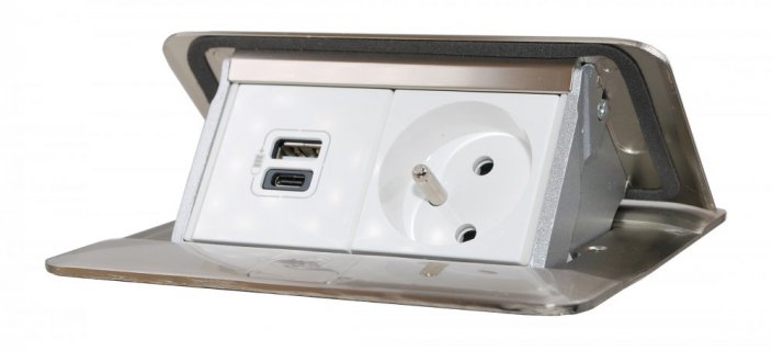Pop-up blok, 1x zásuvka 230V + 2x nabíjačka USB A + C (3A/15W), nerez matný / biela, kábel 2m