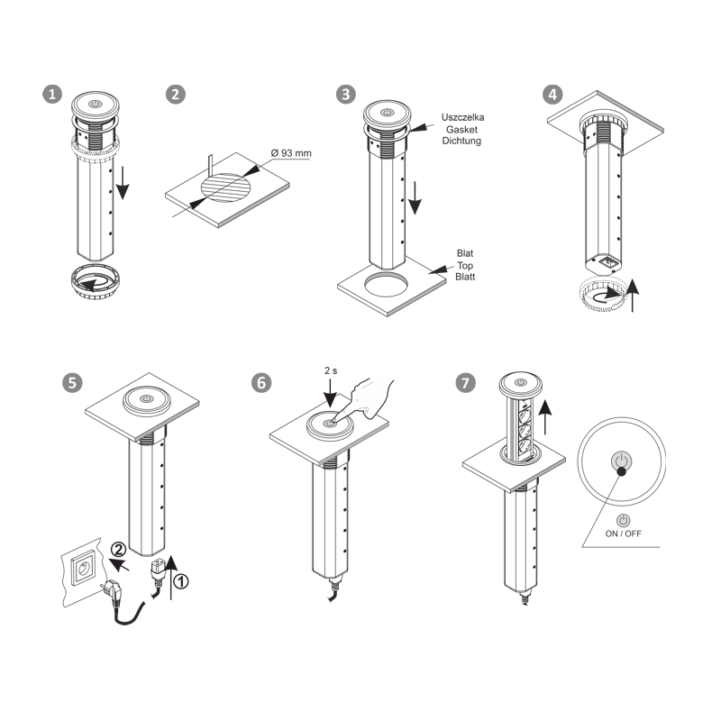 Automaticky výsuvný blok LIFT BOX USB, 3x zásuvka 230V (verze schuko), USB A+C nabíječka, kabel 2m, barva stříbrná