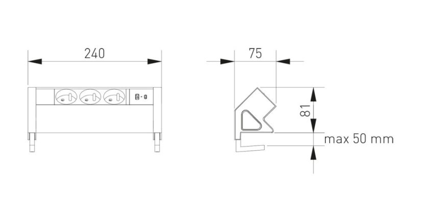 Stolní blok Basco, 3x zásuvka 230V, 2x nabíjecí USB A+C 30W, kabel 1.5m, barva černá