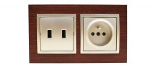 Zásuvka jednonásobná 250V /16A s 2x USB nabíjačkou v drevenom rámčeku orech / zlato, kryty prístrojov v zlatej metalizované farbe