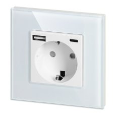 Zásuvka 2P+Z (schuko) s USB-A + USB-C nabíječkou 5VDC /3A, skleněný rameček, barva bílá