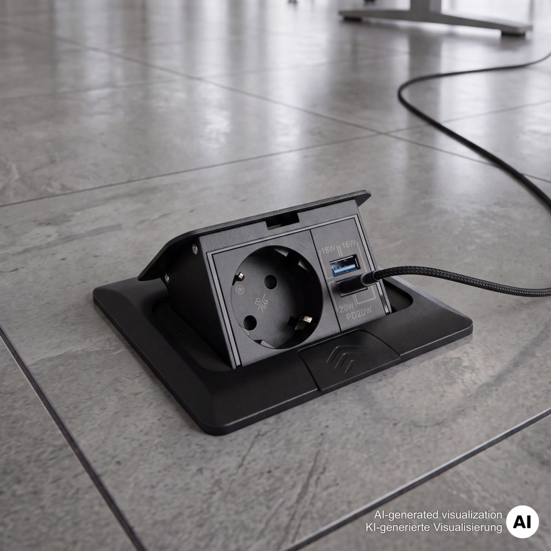 Podlahová zásuvka FLOOR BOX,  1×230 V (schuko), USB-A + USB-C PD 20 W, barva černá