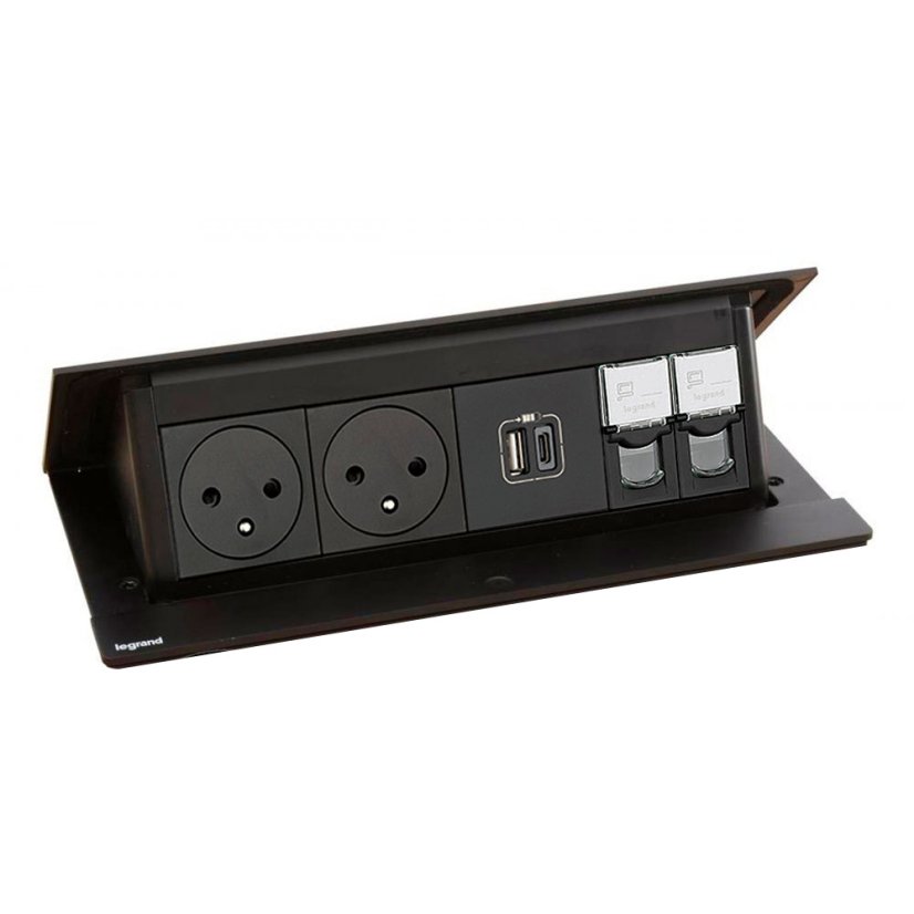 Pop-up blok INCARA 2x zásuvka 250V surface, 1x USB A+C nabíječka 15W, 2x RJ45 cat.5, montážní rám, barva černá, kabel 2m