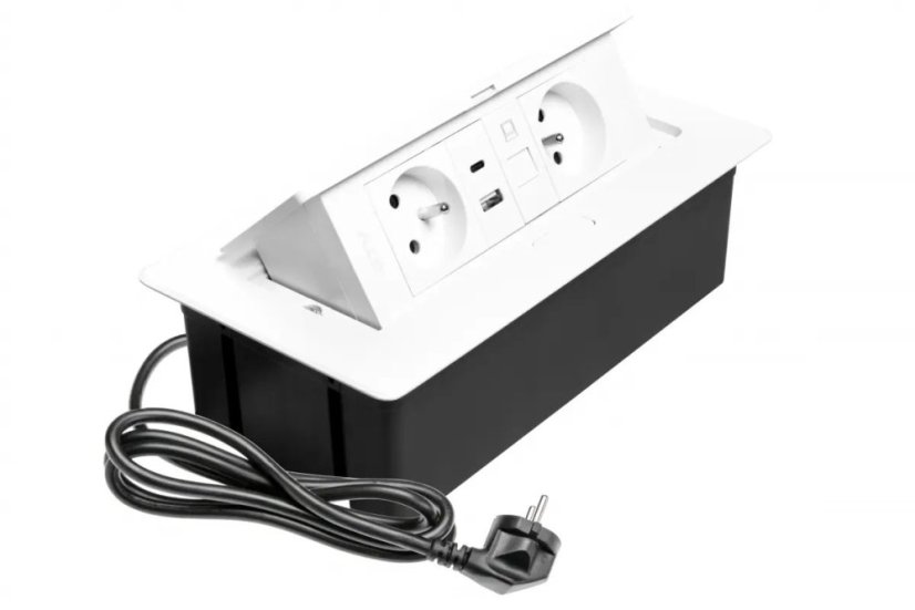 Výklopná zásuvka MULTISOFT, 2x 230V,  USB A/C nabíječka, RJ45, barva bílá, kabel o délce 1.5m