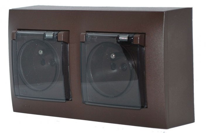 Zásuvkový blok nástenný 2x 250V / 16A s priehľadnými viečkami zásuviek, clonky, IP20, farba matná hnedá