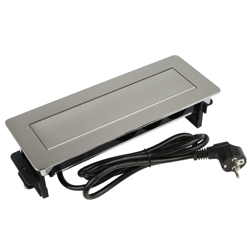 Výklopná zásuvka FLIX BOX,  3x 230 V,  USB-A QC 3.0 + USB-C PD, kabel 1,5m, broušená ocel