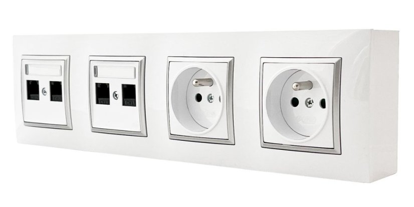 Nástěnný zásuvkový blok, 2x 250V/16A + 4x RJ45 cat.6, bílé barvy se stříbrným matným ozdobným rámem, bez kabelu