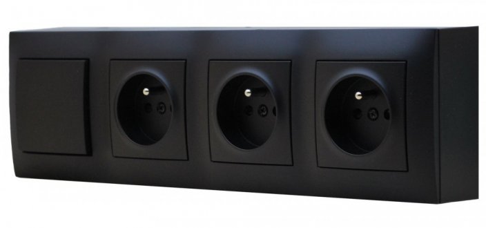 Zásuvkový blok nástěnný 3x 250V/16A s vypínačem (řazení č. 1), clonky, bez kabelu, barva černá matná