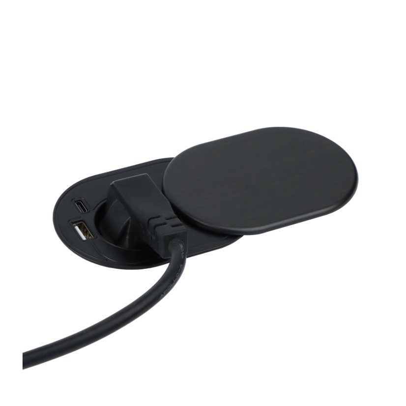 Zásuvkový blok s posuvným víkem, 1x zásuvka 230V a 1x USB-A+C nabíječka, PD20W, kabel 1.9m, barva černá
