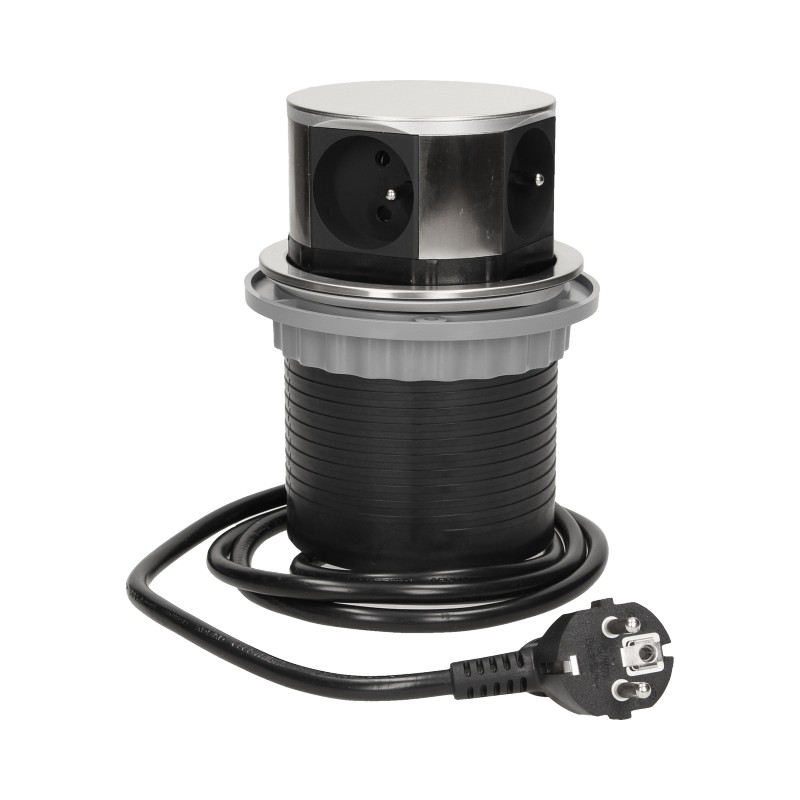 Kulatá nerezová výsuvná zásuvka, 3x250V, 2x USB, kabel 1.5m