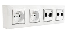Nástěnný zásuvkový blok, 2x 250V/16A + 4x RJ45 cat.6, bílé barvy se stříbrným matným ozdobným rámem, bez kabelu