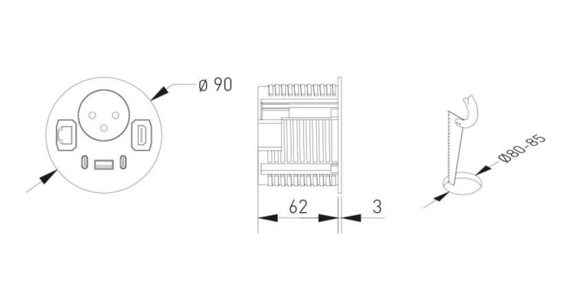 Vestavná zásuvka Rondo, 1x 230V (schuko), 1x USB-A + 2x USB-C nabíječka, 1x RJ45, 1x HDMI, kabel 1.5m, barva bílá