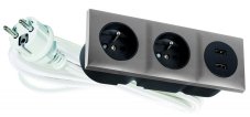Zásuvkový blok zapuštěný ve stříbrné barvě, 2x zásuvka 230V + 2x USB-A nabíječka, kabel 1.5m