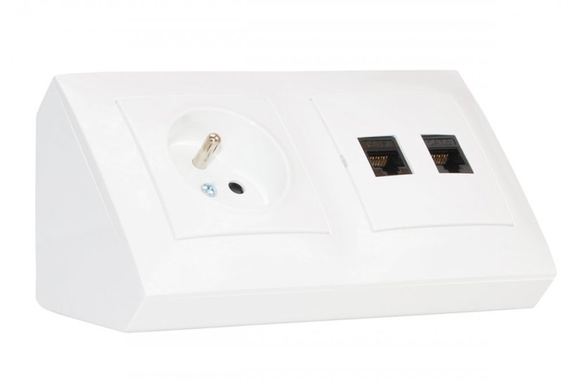 Rohová zásuvka 1x 250V/16A + 2x port RJ45, cat.6 (černé, bez krytek proti prachu), barva bílá lesklá, bez kabelu