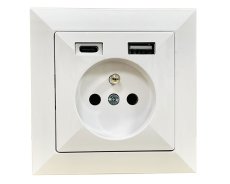 Zásuvka v rámečku, 1× 230 V / 16 A s USB A+C nabíječkou, série Pearl, pod omítku, barva bílá