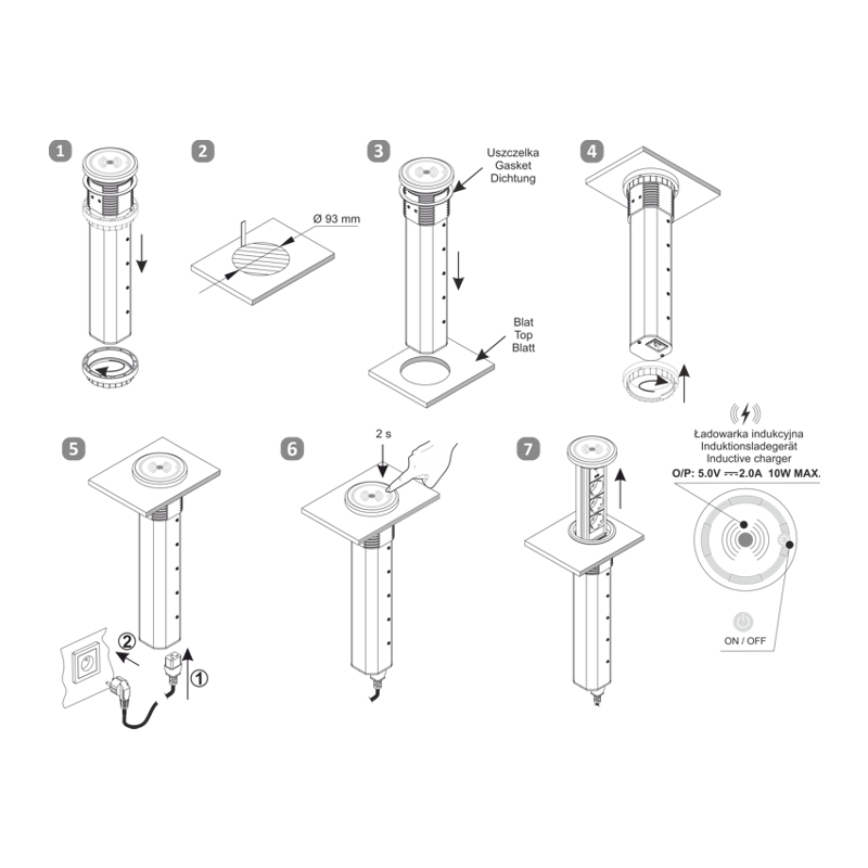 Automaticky výsuvný blok LIFT BOX USB, 3x zásuvka 230V (verze schuko), nabíječka USB A + C, bezdrátové nabíjení, kabel 2m, barva černá