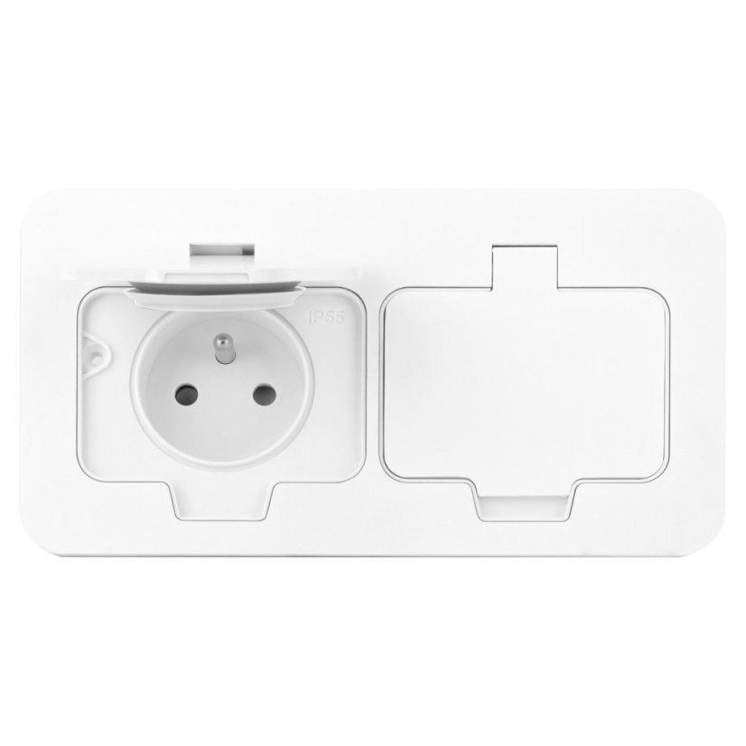 Hermetická zásuvka obdĺžniková, 2x 230V, IP55, pod omietku, farba biela