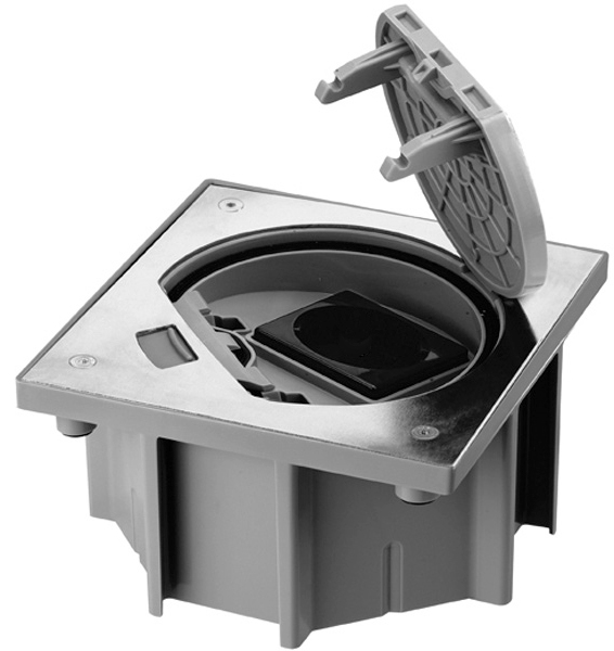 Podlahová nerezová zásuvka 1x 250V + 1xRJ45, manuální zámek, IP66, 135x135 mm, pro lité podlahy