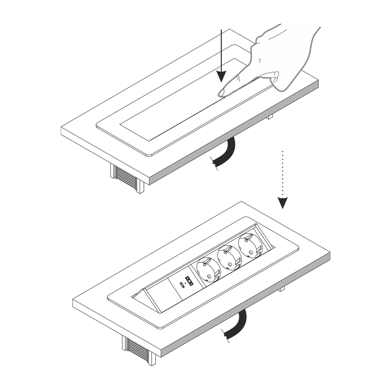 Výklopná zásuvka FLIX BOX,  3x 230 V,  USB-A QC 3.0 + USB-C PD, kabel 1,5m, broušená ocel