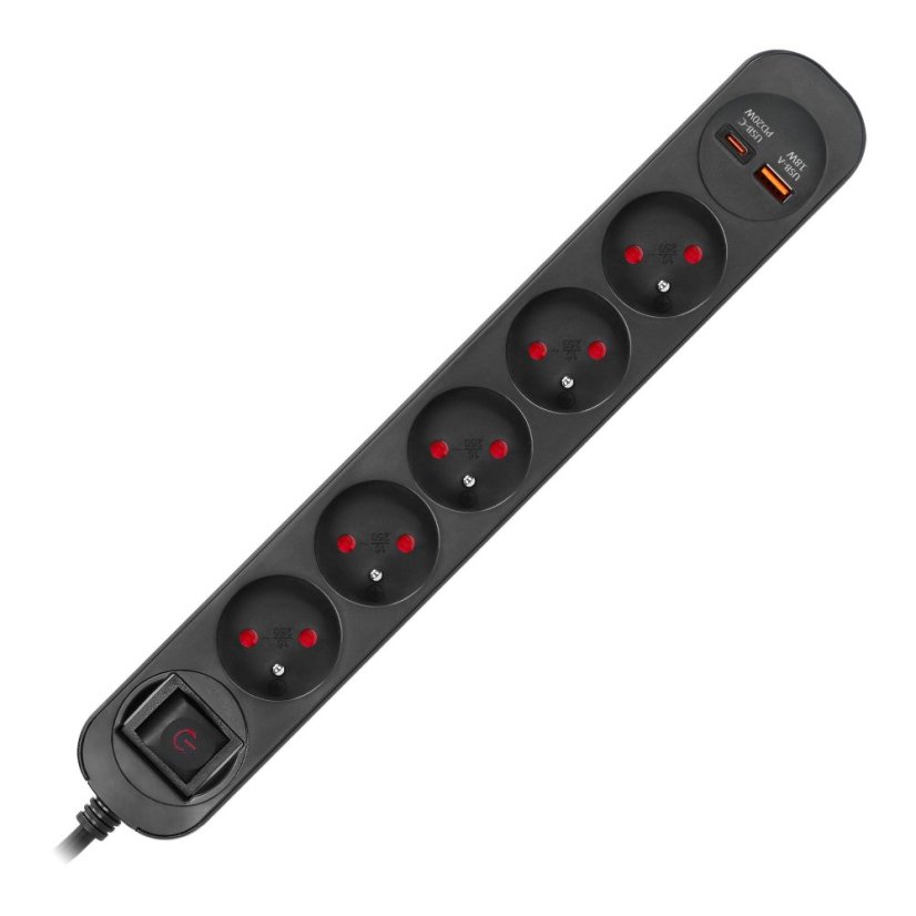 Přepěťová zásuvková lišta 5×230 V, USB-A + USB-C 20 W, 1,5 m, plochá vidlice, černá