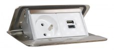 Pop-up blok, 1x zásuvka 230V + 2x nabíjačka USB A + C (3A/15W), nerez matný / biela, kábel 2m