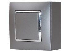Vypínač nástěnný, řazení č.1, instalace na omítku, matné šedé metalizované barvy se stříbrným lesklým ozdobným rámem