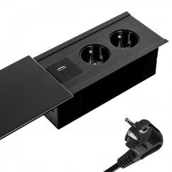 Zásuvkový blok s posuvným krytom v čiernej farbe, x 230V, 2x USB nabíjačka A+C, kábel 1.5m