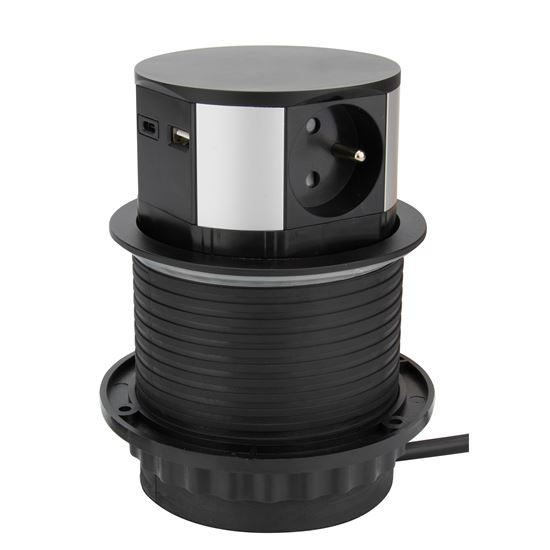 Výsuvný zásuvkový blok, 3x 230V, 2x nabíjacie USB  (USB-A, USB-C), farba čierna, kábel 2m