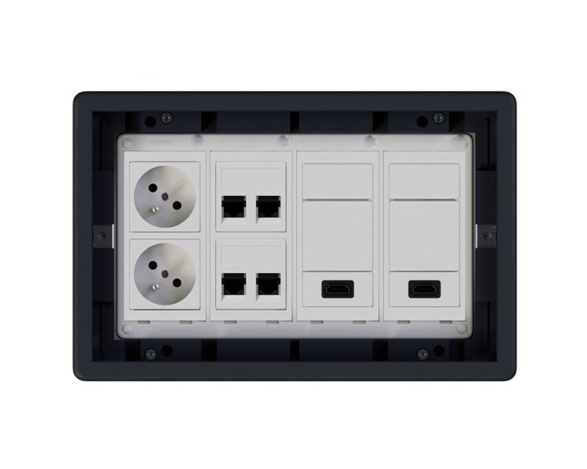 Podlahová zásuvka 2x 250V/16A, 4x RJ45 cat.6, 2x HDMI, barva boxu grafitově-šedá, s pouzdrem pro lité podlahy
