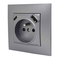 Zásuvka v rámečku pod omítku, 1x 250V/16A s USB A+C nabíječkou, šedé metalizované barvy