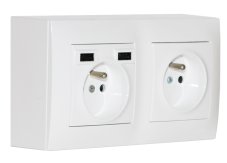 Zásuvkový blok nástenný 2x 250V / 16A s clonkami + 2x USB nabíjačka, bez kábla, farba biela