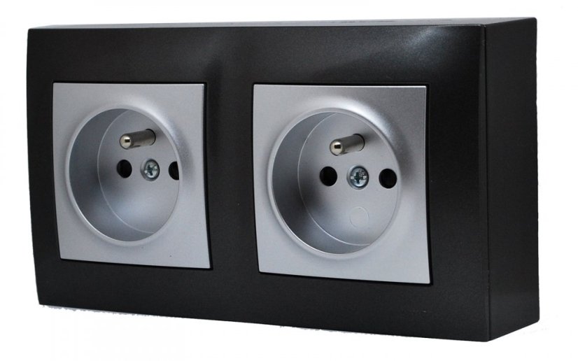 Zásuvkový blok nástenný 2x 250V / 16A, clonky, farba antracitová a strieborná metalíza