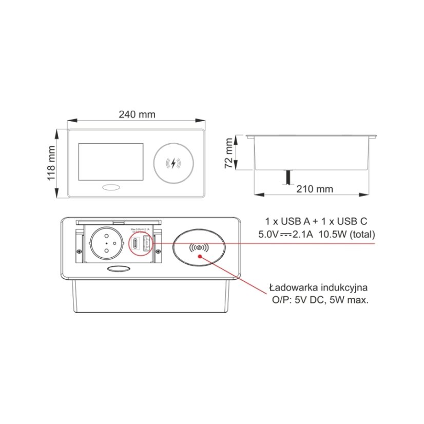 Výklopná zásuvka ZEOBOX, 1x 230V, indukční a 2x USB A+C nabíječka, kabel 1.5m, barva černá