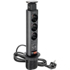 Výsuvná zásuvka úzká 60mm, 3 zásuvky (verze schuko), 2x usb, černá barva