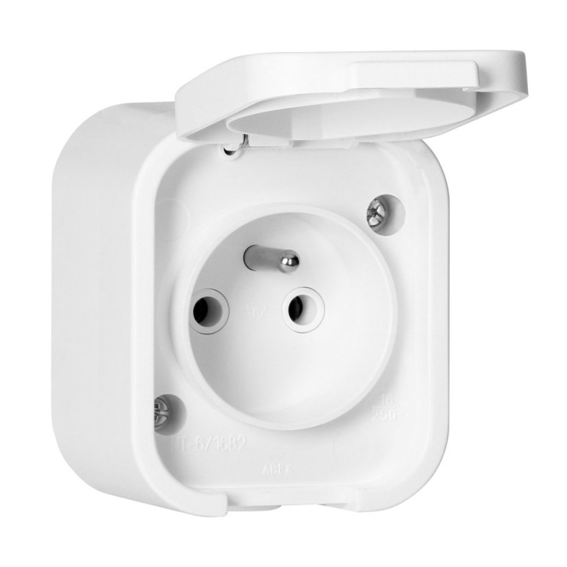 Zásuvka na omietku 1x 250V s krytom, NT-16B2, IP54, farba biela