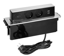Výsuvný obdélníkový blok, 2x zásuvka 230V, 2x USB nabíjecí, 1x HDMI, povrch nerez, kabel o délce 2m
