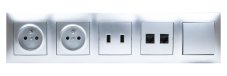 Nástěnný blok 2x zásuvka 250V/16A, 2x USB port nabíjecí,  2x RJ45, 1x vypínač řazení č. 1, bez kabelu, barva stříbrná