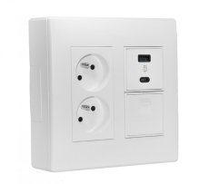 Nástěnný box S500, 1x dvojzásuvka 250V, 1x USB nabíječka A+C, 1x RJ45 cat. 6, barva bílá