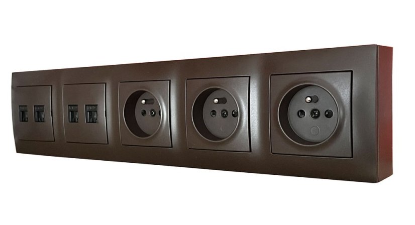 Zásuvkový blok nástěnný 3x 250V/16A + 4x RJ45 cat.6, bez kabelu, barva hnědá