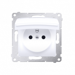 Jednotná kolíková zásuvka, v krytí IP44 bez těsnění, s bílým víčkem pro rámečky Premium (přístroj s krytem) 16A 250V, šroubové svorky, bílá