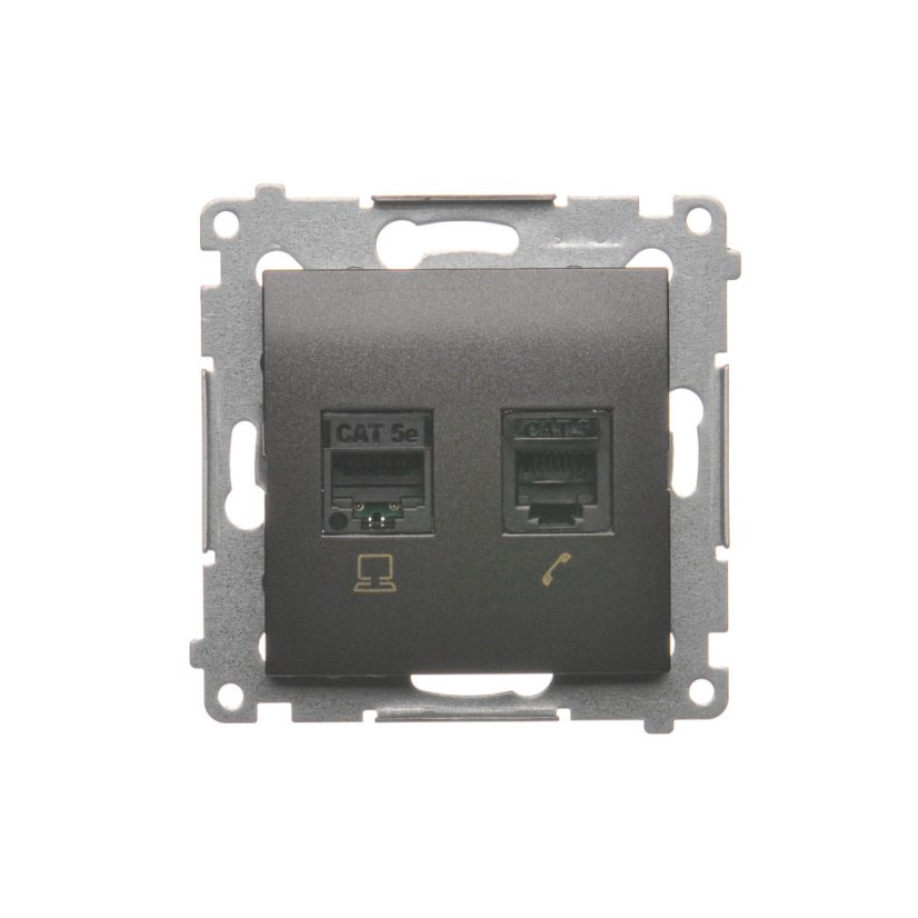 Dátová zásuvka RJ45 cat. 5e + telefónna RJ12 (zariadenie s krytom), Simon 54, farba antracitová metalizovaná