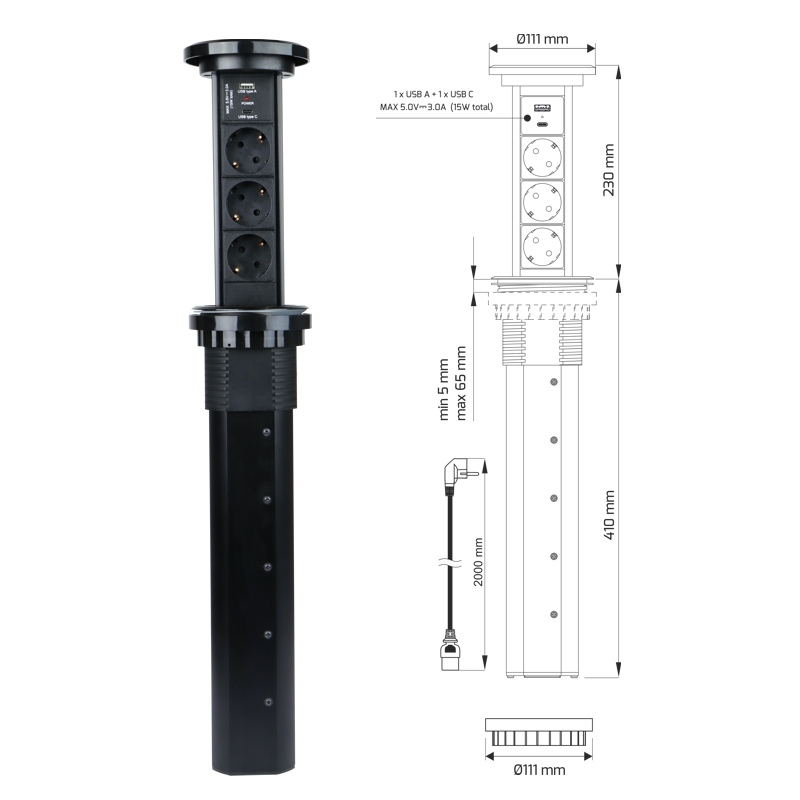 Automaticky výsuvný blok LIFT BOX USB, 3x zásuvka 230V (verze schuko), nabíječka USB A + C, bezdrátové nabíjení, kabel 2m, barva černá