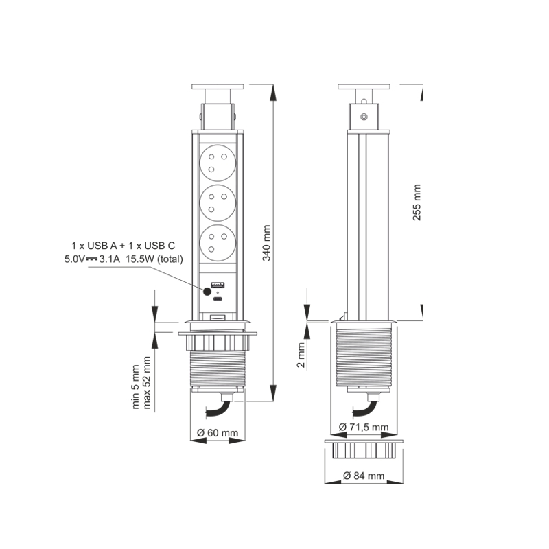 Výsuvná zásuvka, 3x 250V, 2x USB A+C nabíječka, kabel 1.5 m, barva stříbrná