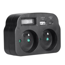 Zásuvková rozdvojka 2× 230 V + nabíječka USB-A + USB-C PD 20 W s vypínačem, černá