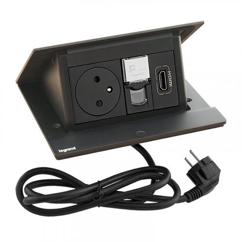 Pop-up blok INCARA 1x zásuvka 250V surface, 1x RJ45 cat.6, 1x HDMI 2.0 + montážny rám, farba čierna, kábel 2m