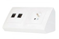 Rohová zásuvka 1x 250V / 16A + 2x port RJ45, cat.6 (čierné, bez krytiek proti prachu), farba biela lesklá, bez kábla