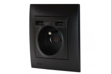 Zásuvka 1x 230V/16A s 2x USB nabíjačkou 5V / 2.1A v rámčeku, inštalácia pod omietku, farba čierna